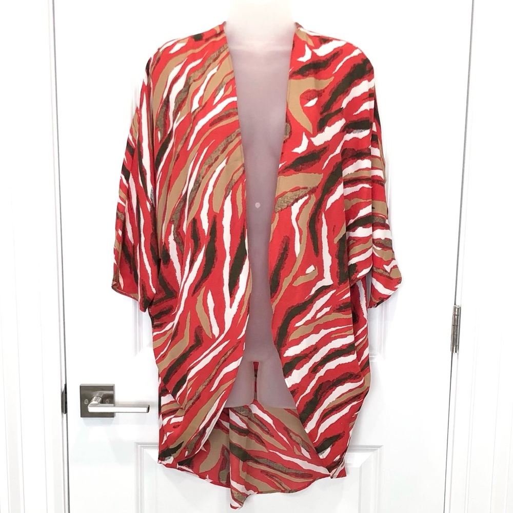 Animal Print Short Sleeve Kimono Cardigan - Red, White, & Tan - Size S